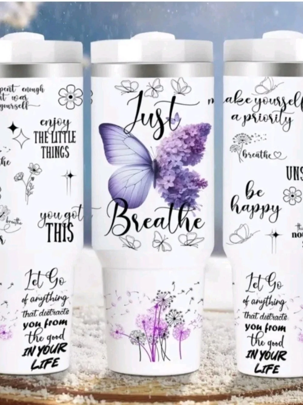 Just Breathe Purple Butterfly Self Care Srainless Steel Insulated Tumbler 40 Oz.